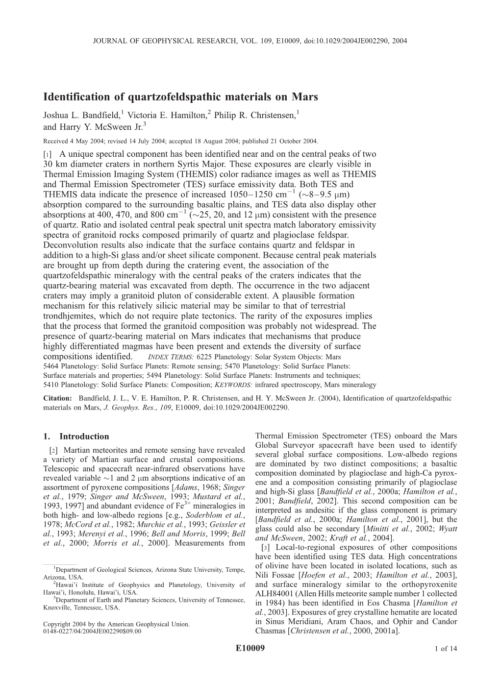 Identification of Quartzofeldspathic Materials on Mars Joshua L