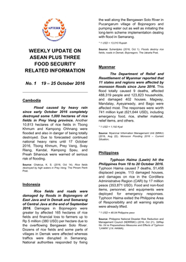 Weekly Update on ASEAN Plus Three Food Security Related Information Is Based on All Available Sources During the Period