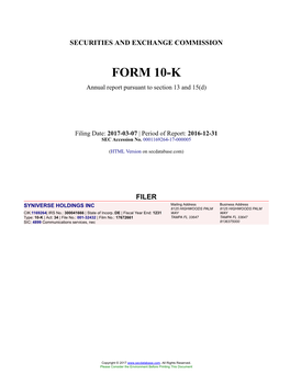 SYNIVERSE HOLDINGS INC Form 10-K Annual Report Filed 2017-03-07