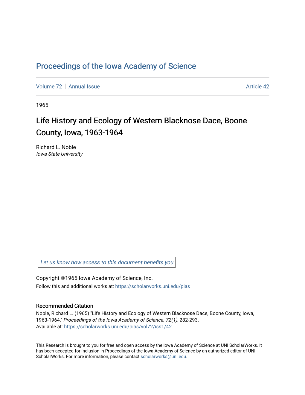 Life History and Ecology of Western Blacknose Dace, Boone County, Iowa, 1963-1964