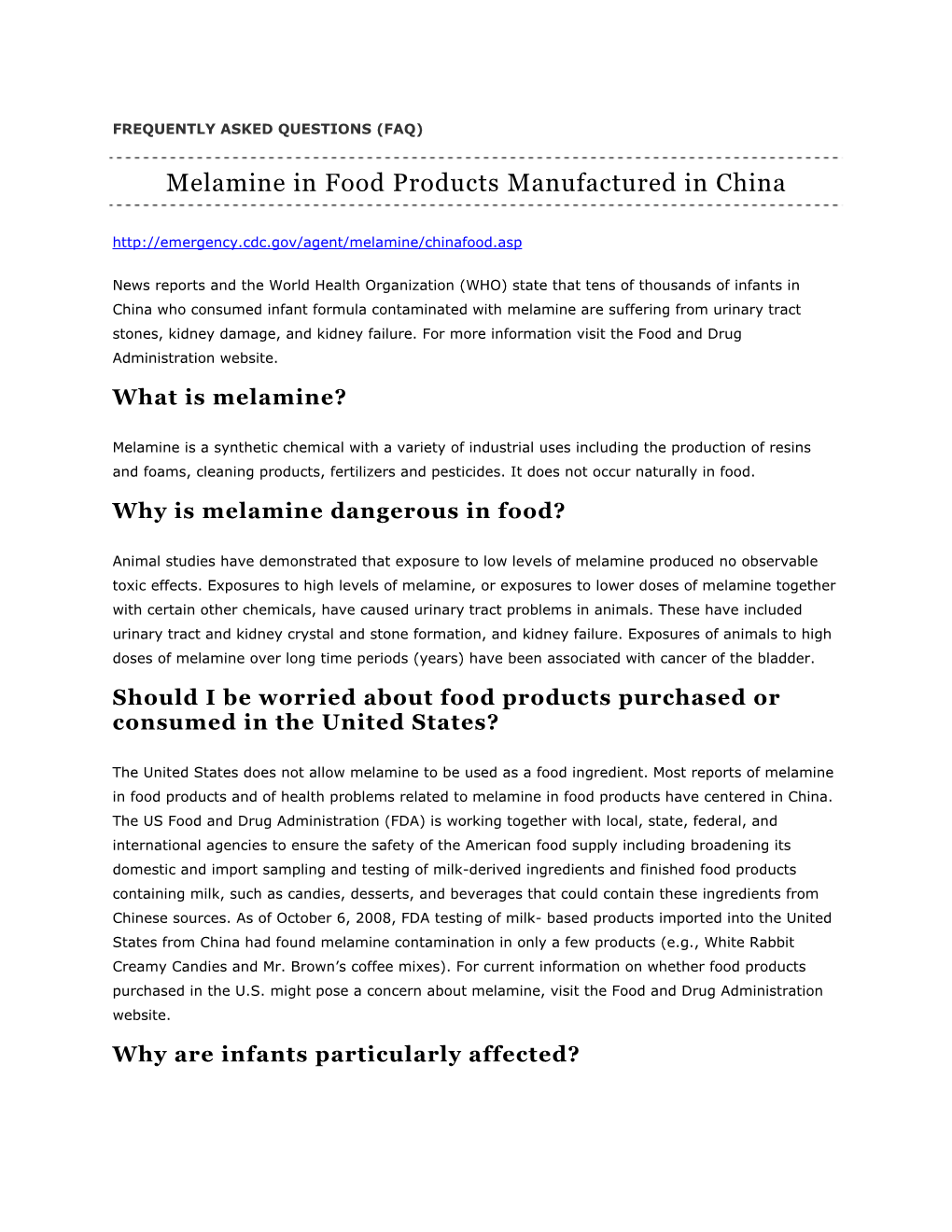 Melamine in Food Products Manufactured in China