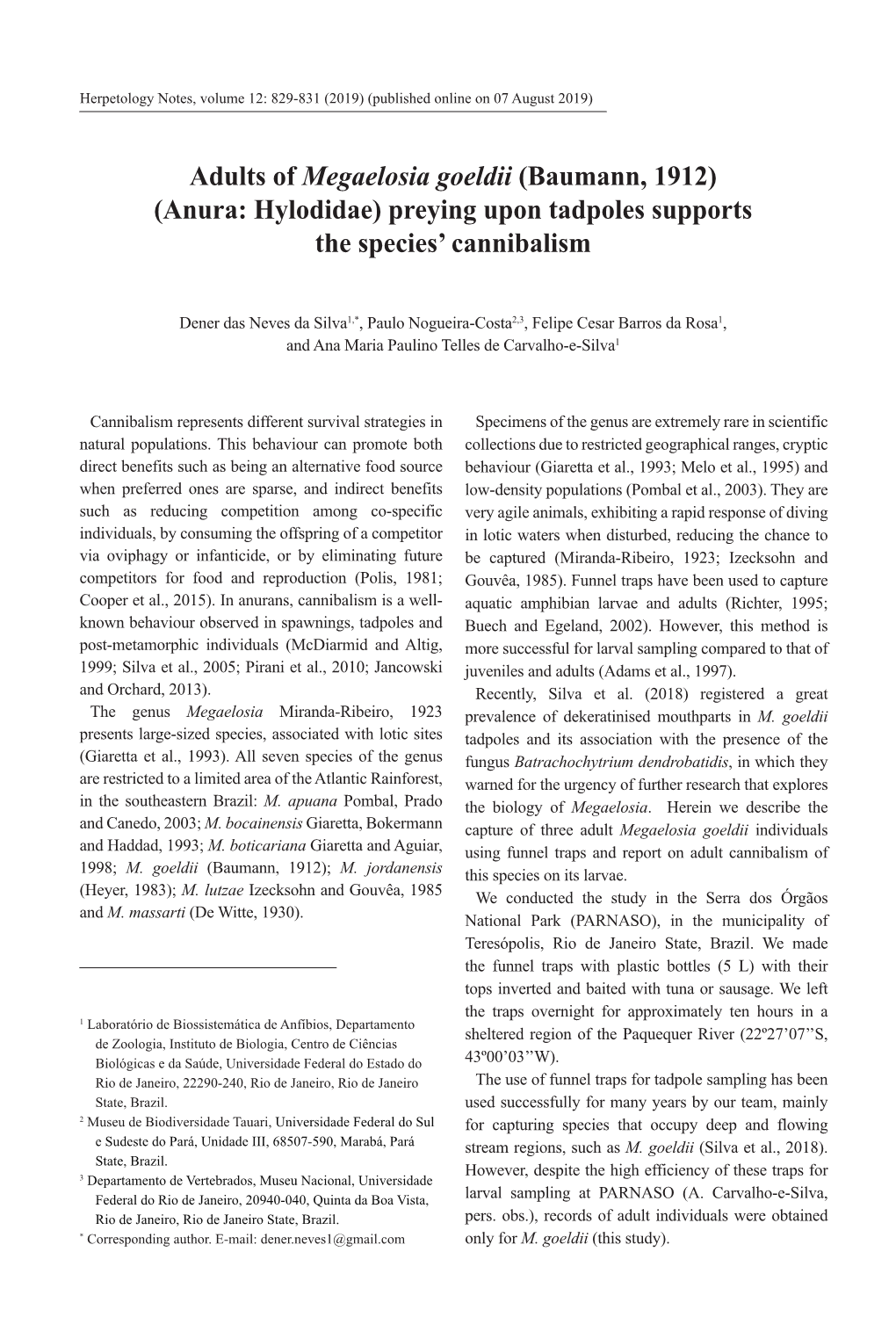 Adults of Megaelosia Goeldii (Baumann, 1912) (Anura: Hylodidae) Preying Upon Tadpoles Supports the Species’ Cannibalism