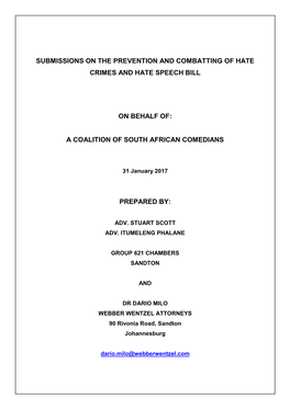 Submissions on the Prevention and Combatting of Hate Crimes and Hate Speech Bill on Behalf Of: a Coalition of South African