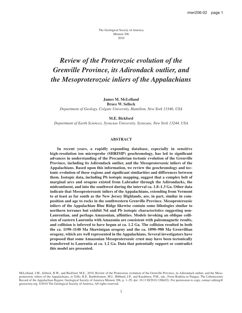 Review of the Proterozoic Evolution of the Grenville Province, Its Adirondack Outlier, and the Mesoproterozoic Inliers of the Appalachians