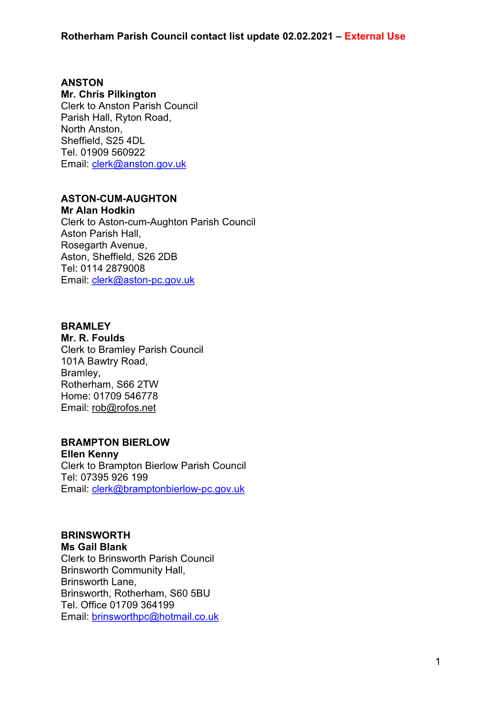 Rotherham Parish Council Contact List Update 02.02.2021 – External Use