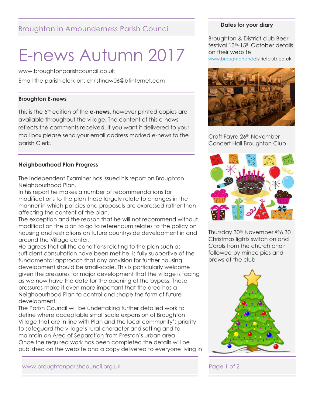 E-News Autumn 2017 Email the Parish Clerk On: Christinaw06@Btinternet.Com