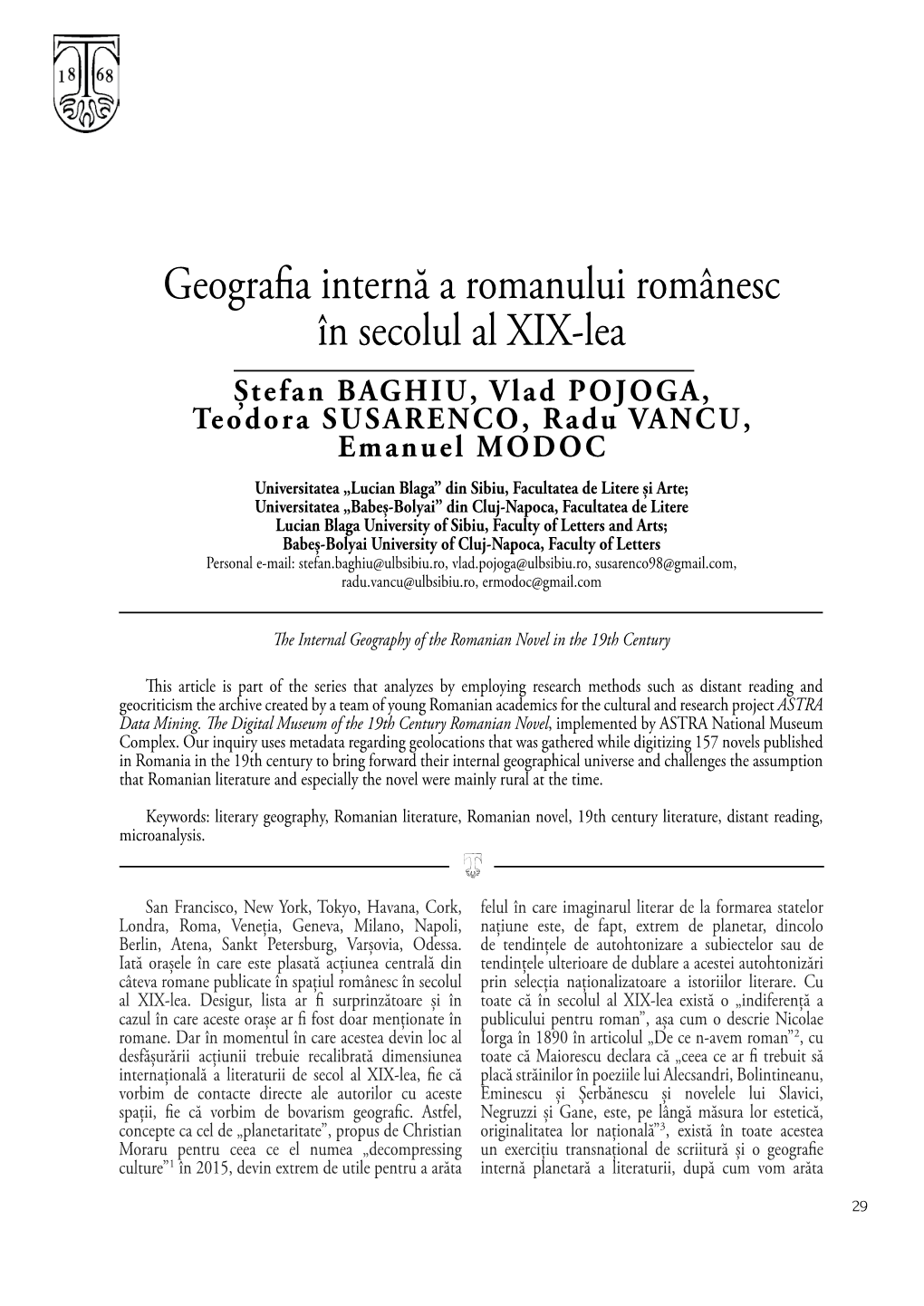 Geografia Internă a Romanului Românesc În Secolul Al XIX-Lea