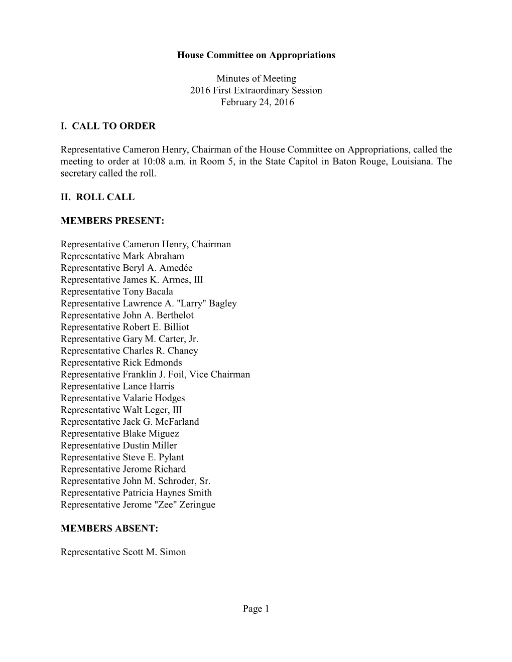 House Committee on Appropriations Minutes of Meeting 2016 First