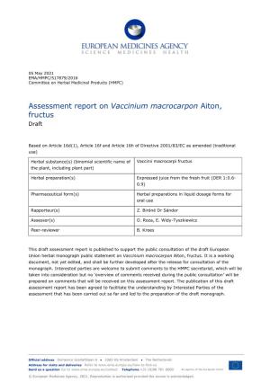 Draft Assessment Report on Vaccinium Macrocarpon Aiton, Fructus