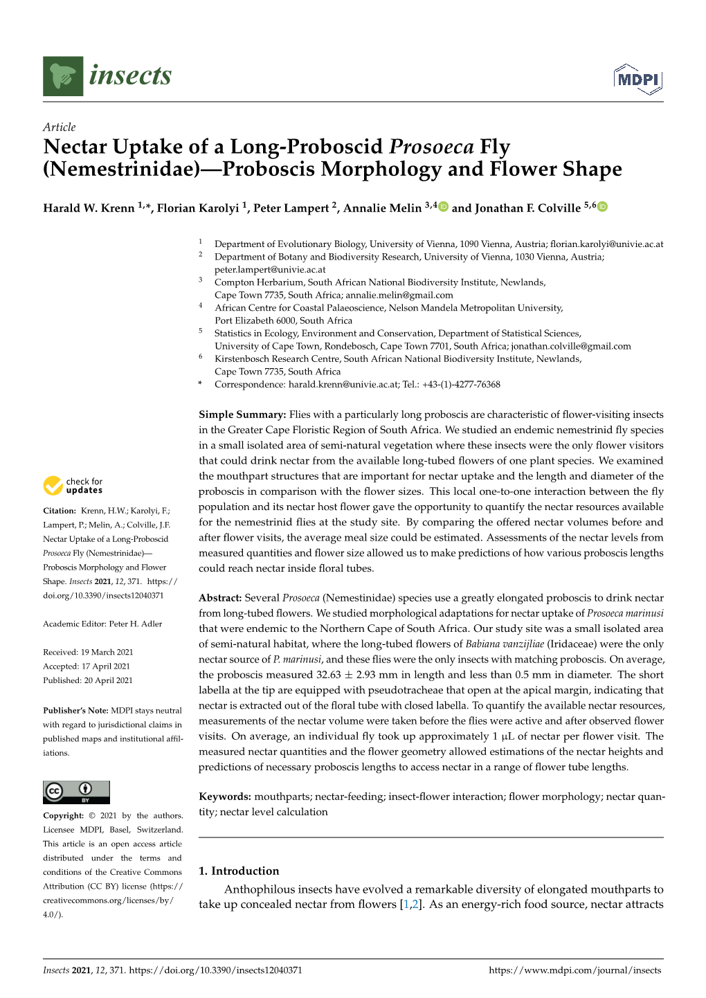 Nectar Uptake of a Long-Proboscid Prosoeca Fly (Nemestrinidae)—Proboscis Morphology and Flower Shape