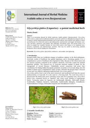 Glycyrrhiza Glabra (Liquorice) - a Potent Medicinal Herb Received: 13-04-2014 Accepted: 20-05-2014 Monica Damle