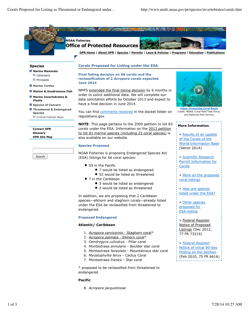 TN3712 NOAA 2014 Corals Proposed for Listing