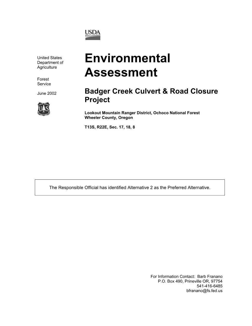 Environmental Assessment Badger Creek Project