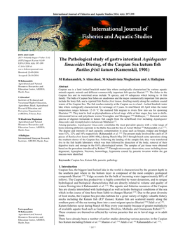The Pathological Study of Gastro Intestinal Aspidogaster Limacoides Diesing, of the Caspian Sea Kutum Fish Rutilus Frisii Kutum