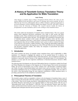 A History of Twentieth Century Translation Theory and Its Application for Bible Translation