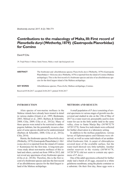 Contributions to the Malacology of Malta, III: First Record of Planorbella Duryi (Wetherby, 1879) (Gastropoda Planorbidae) for Comino