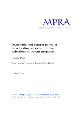 Ownership and Control Policy of Broadcasting Services in Ireland: Reﬂections on Recent Proposals