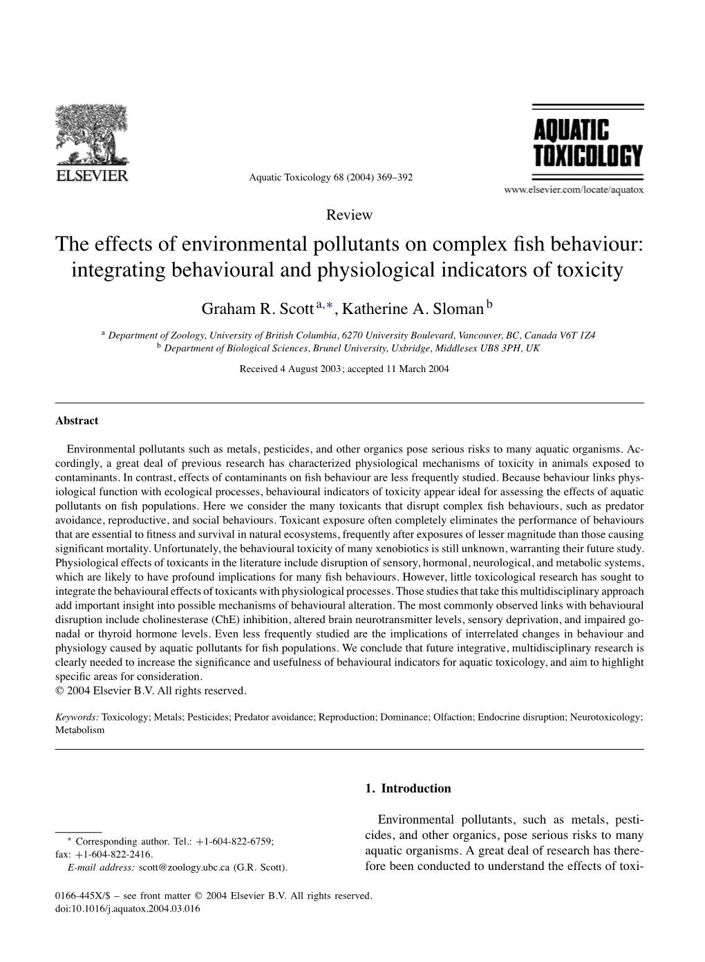 The Effects of Environmental Pollutants on Complex Fish Behaviour