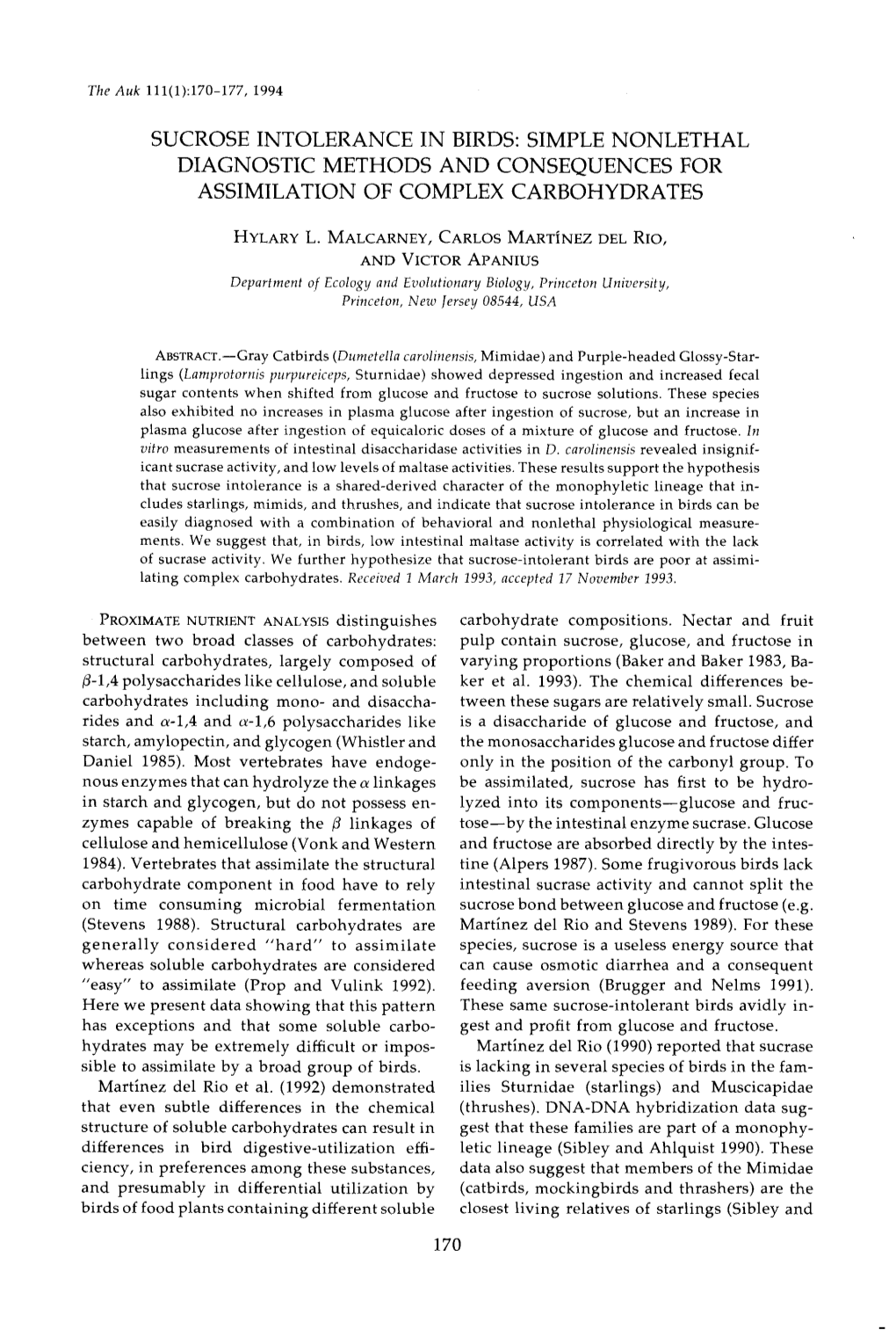 Sucrose Intolerance in Birds: Simple Nonlethal Diagnostic Methods and Consequences for Assimilation of Complex Carbohydrates