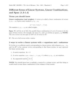 Different Forms of Linear Systems, Linear Combinations, and Span