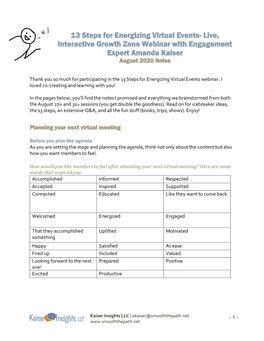 13 Steps for Energizing Virtual Events- Live, Interactive Growth Zone Webinar with Engagement Expert Amanda Kaiser August 2020 Notes