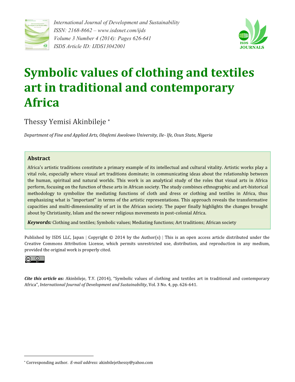 Symbolic Values of Clothing and Textiles Art in Traditional and Contemporary Africa