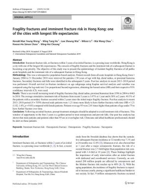 Fragility Fractures and Imminent Fracture Risk in Hong Kong: One of the Cities with Longest Life Expectancies