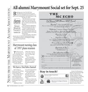All Alumni Marymount Social Set for Sept. 25