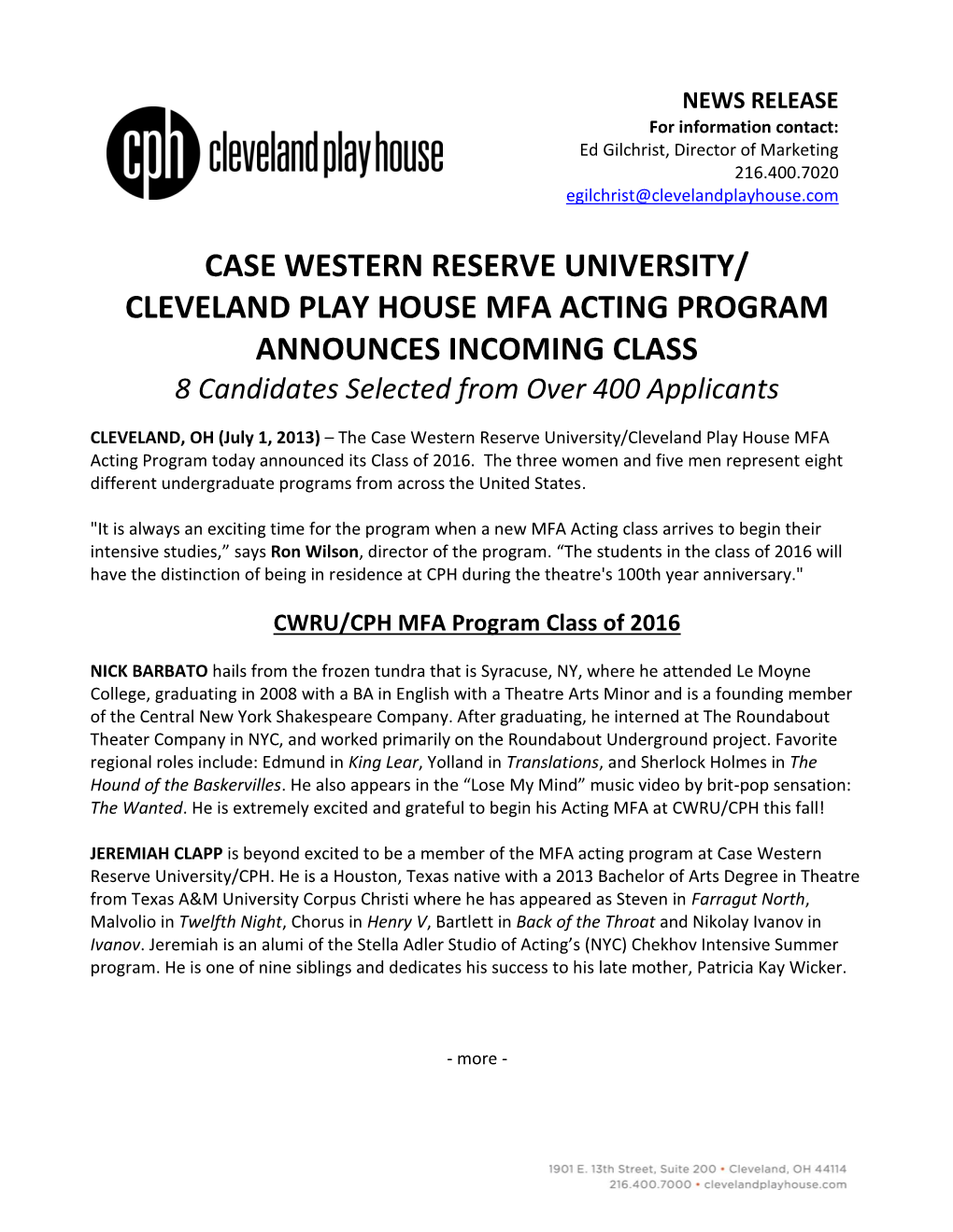 CASE WESTERN RESERVE UNIVERSITY/ CLEVELAND PLAY HOUSE MFA ACTING PROGRAM ANNOUNCES INCOMING CLASS 8 Candidates Selected from Over 400 Applicants
