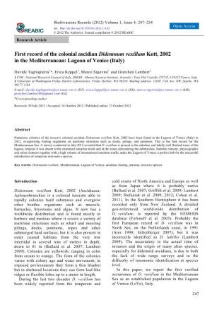 First Record of the Colonial Ascidian Didemnum Vexillum Kott, 2002 in the Mediterranean: Lagoon of Venice (Italy)