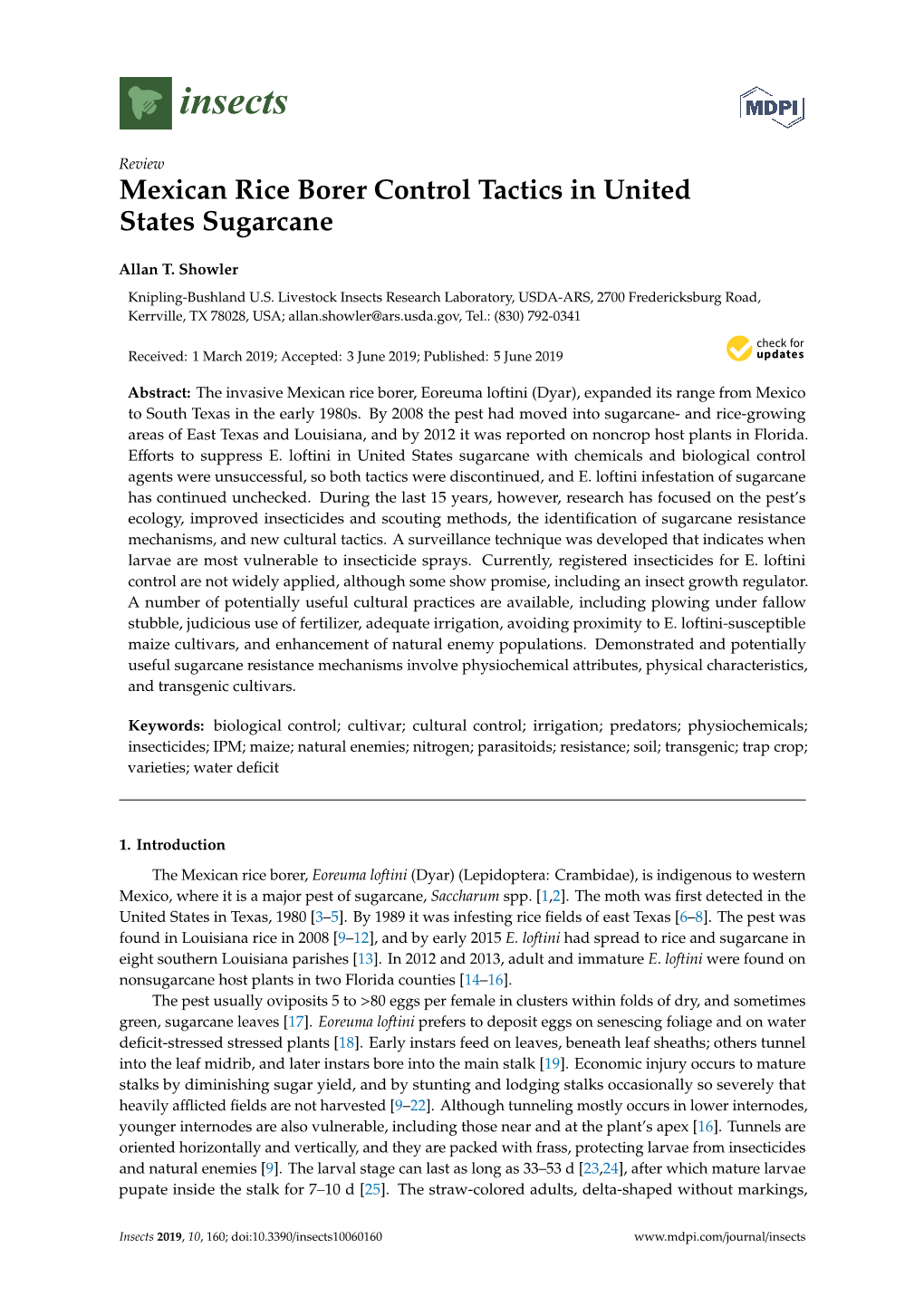 Mexican Rice Borer Control Tactics in United States Sugarcane