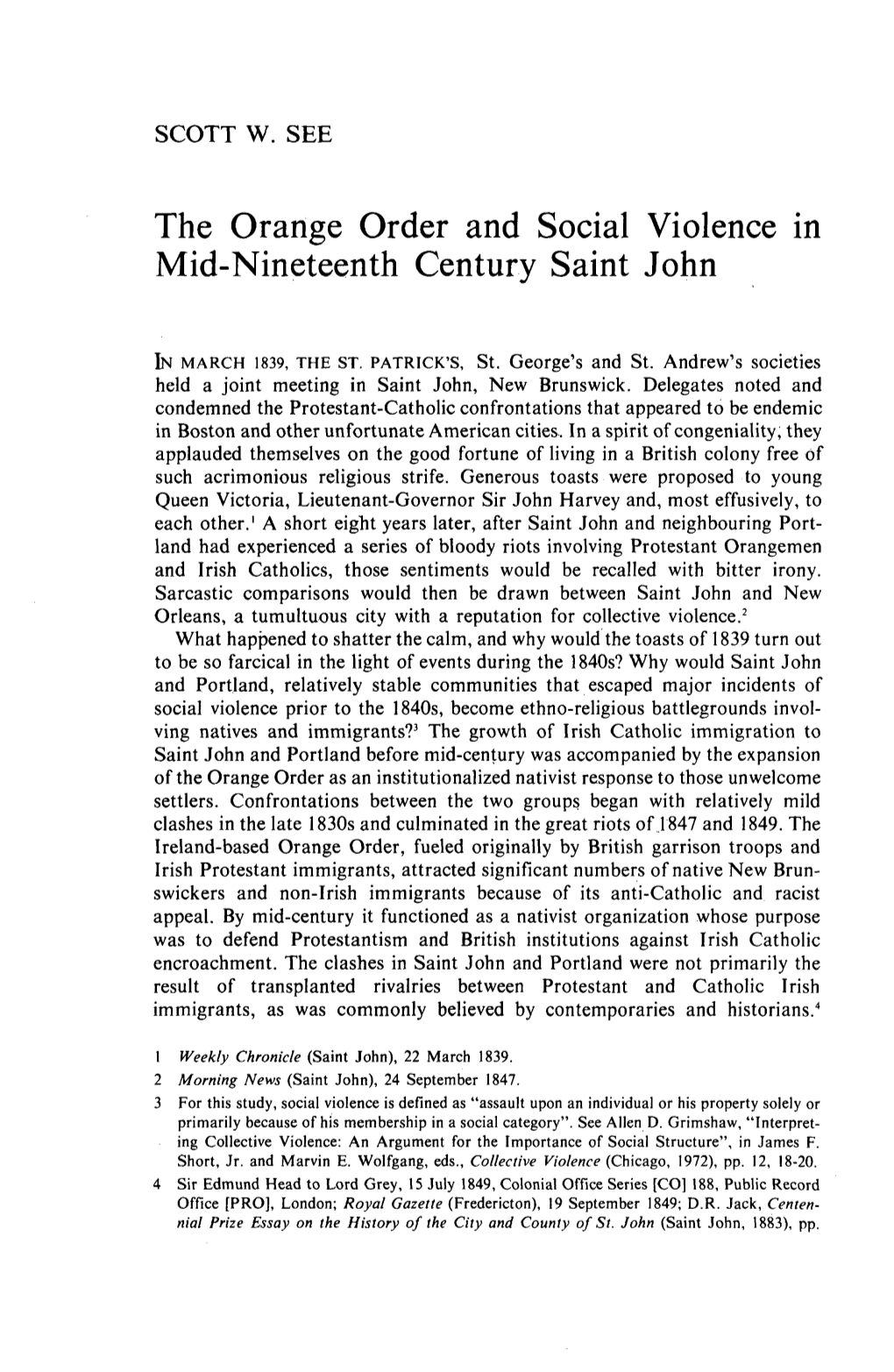 The Orange Order and Social Violence in Mid-Nineteenth Century Saint John