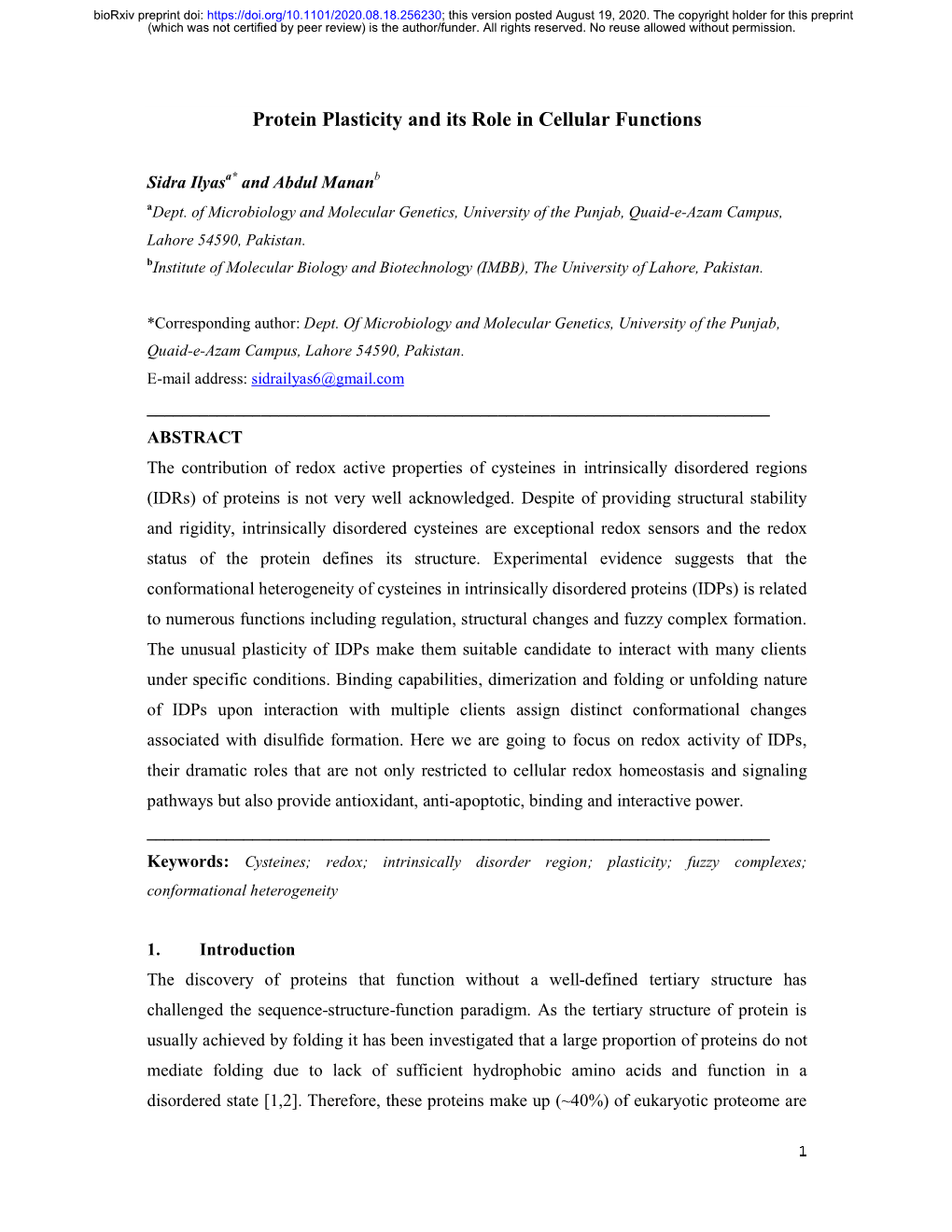 Protein Plasticity and Its Role in Cellular Functions