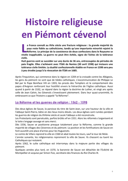 Histoire Religieuse En Piémont Cévenol