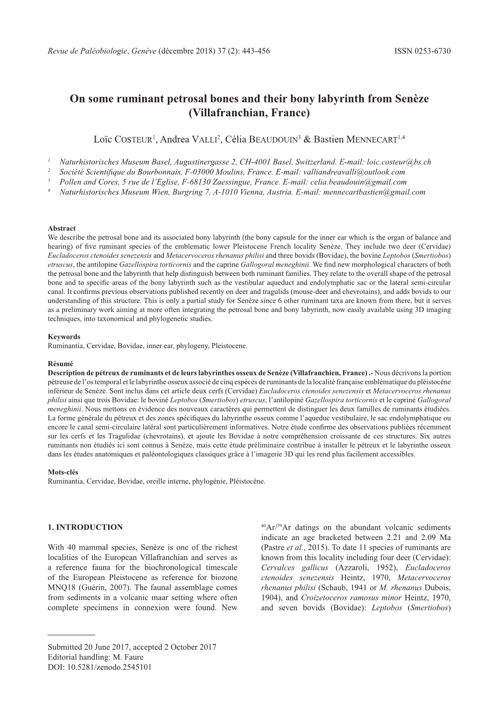 On Some Ruminant Petrosal Bones and Their Bony Labyrinth from Senèze (Villafranchian, France)