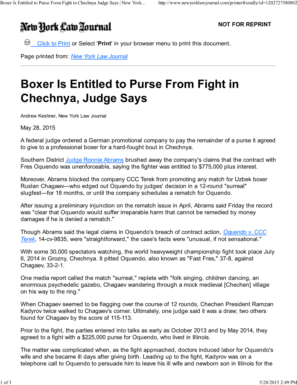 Boxer Is Entitled to Purse from Fight in Chechnya Judge Says | New York