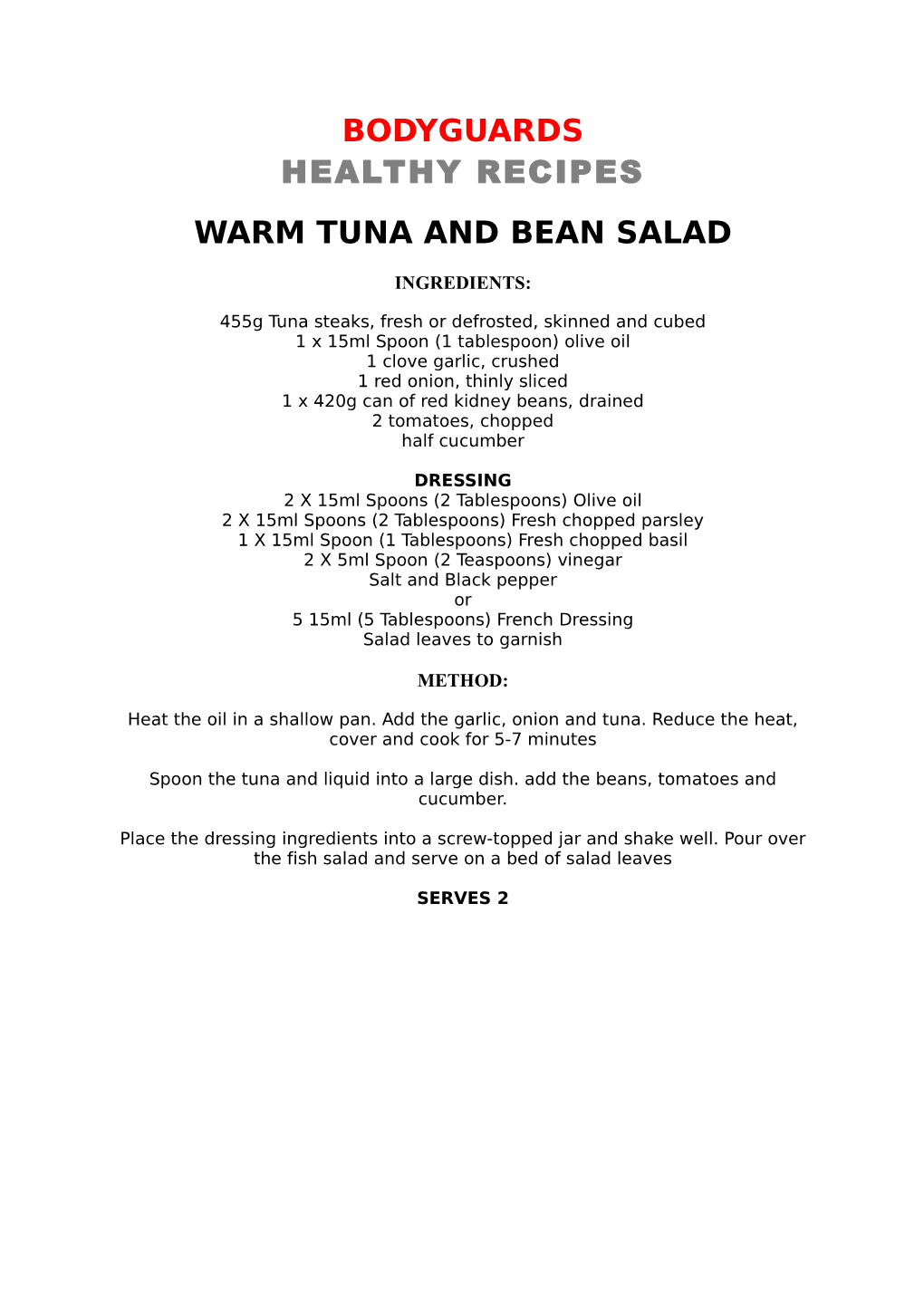 Bodyguards Healthy Recipes Warm Tuna and Bean Salad