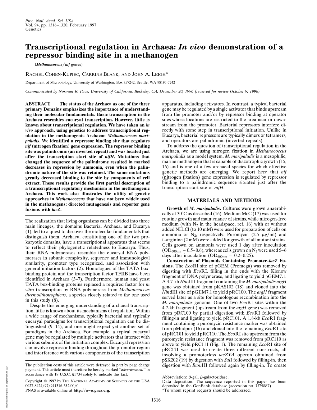 Transcriptional Regulation in Archaea: in Vivo Demonstration of a Repressor Binding Site in a Methanogen (Methanococcus͞nif Genes)