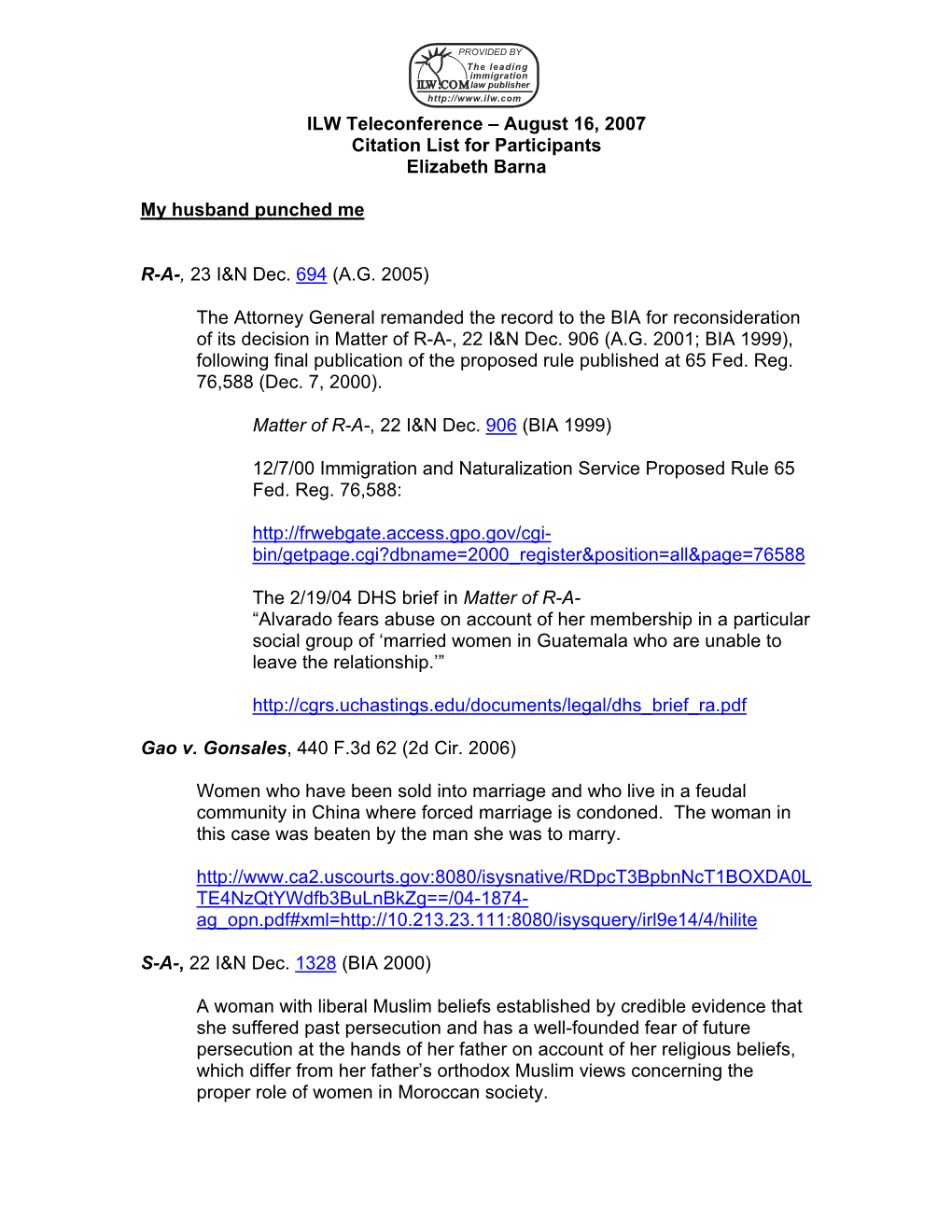 ILW Teleconference – August 16, 2007 Citation List for Participants Elizabeth Barna