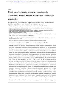 Blood-Based Molecular Biomarker Signatures in Alzheimer's