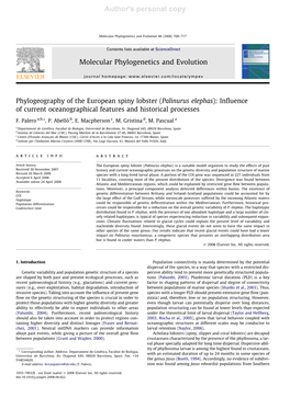 Phylogeography of the European Spiny Lobster (Palinurus Elephas): Inﬂuence of Current Oceanographical Features and Historical Processes