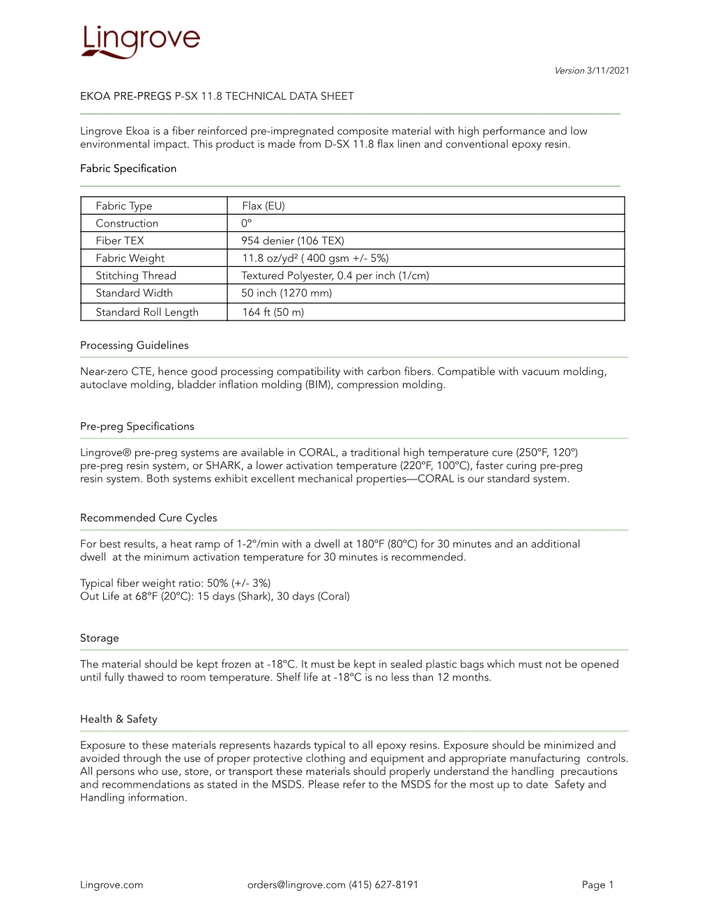 Ekoa Pre-Pregs P-Sx 11.8 Technical Data Sheet