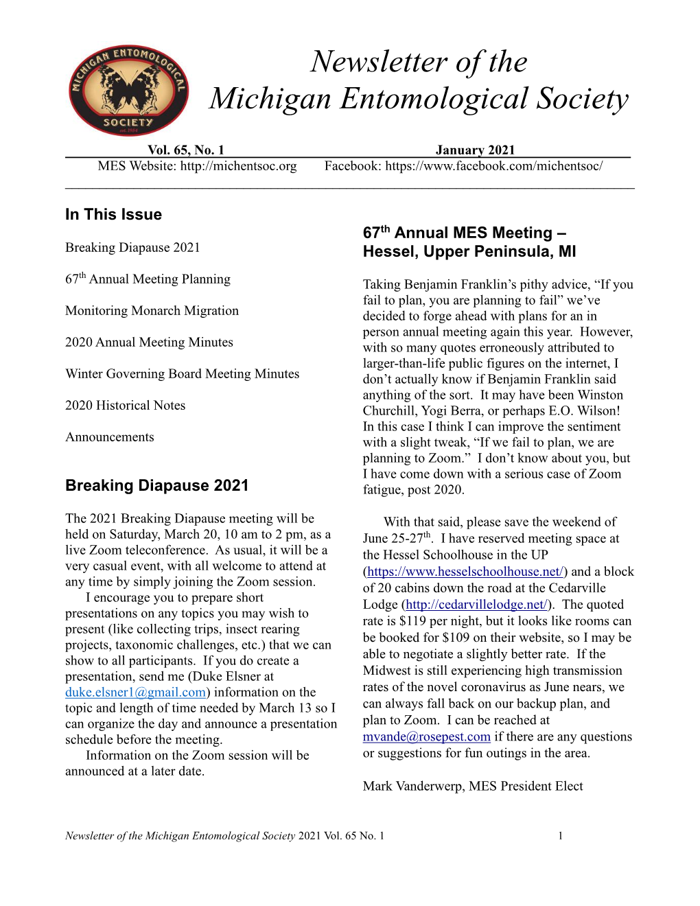 Newsletter of the Michigan Entomological Society 2021 Vol