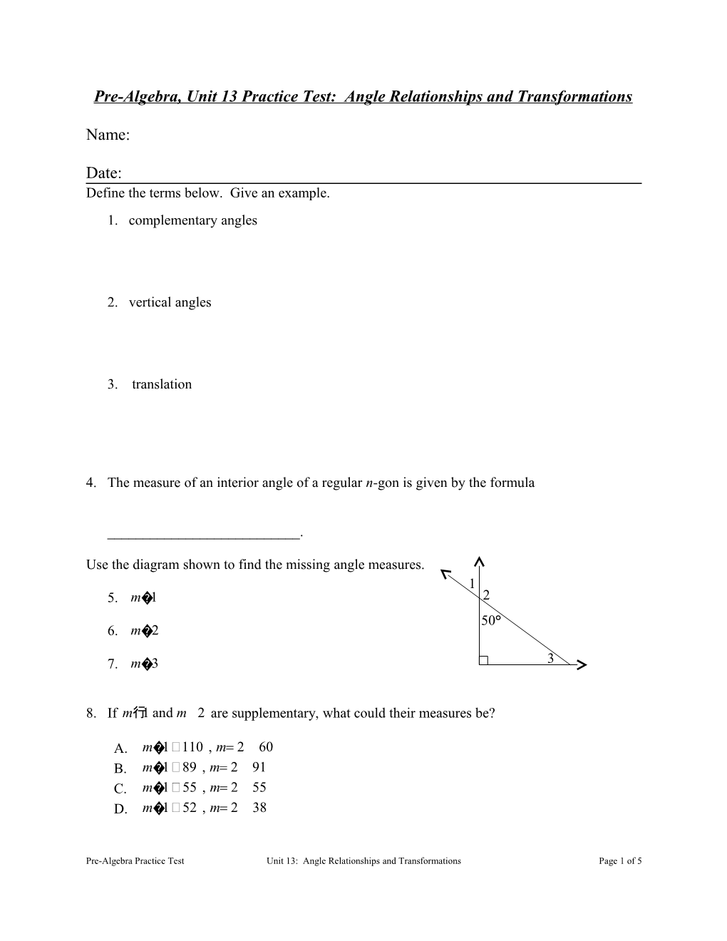 Pre-Algebra, Unit 13 Practice Test: Angle Relationships and Transformations