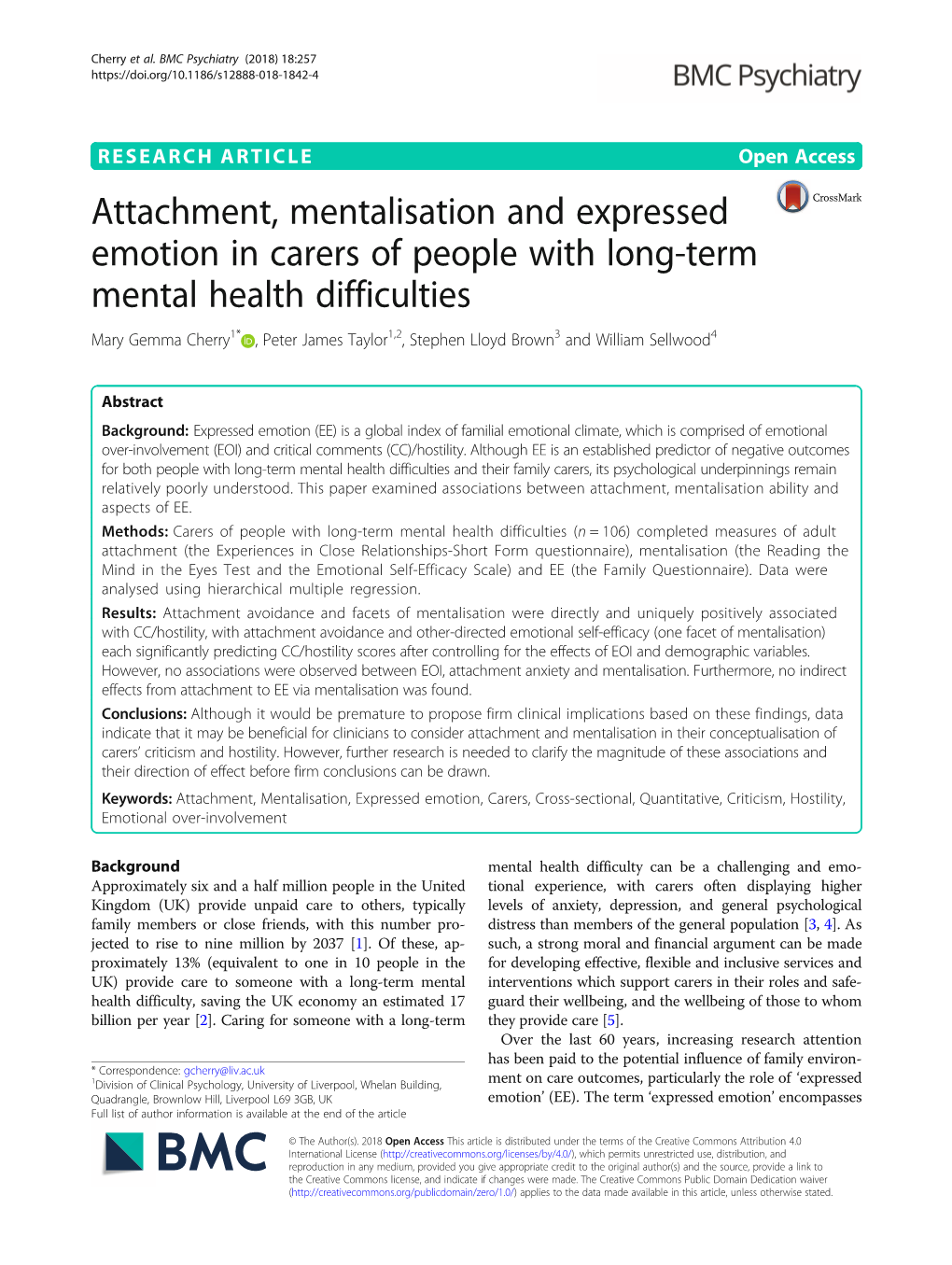 Attachment, Mentalisation and Expressed Emotion in Carers of People with Long-Term Mental Health Difficulties