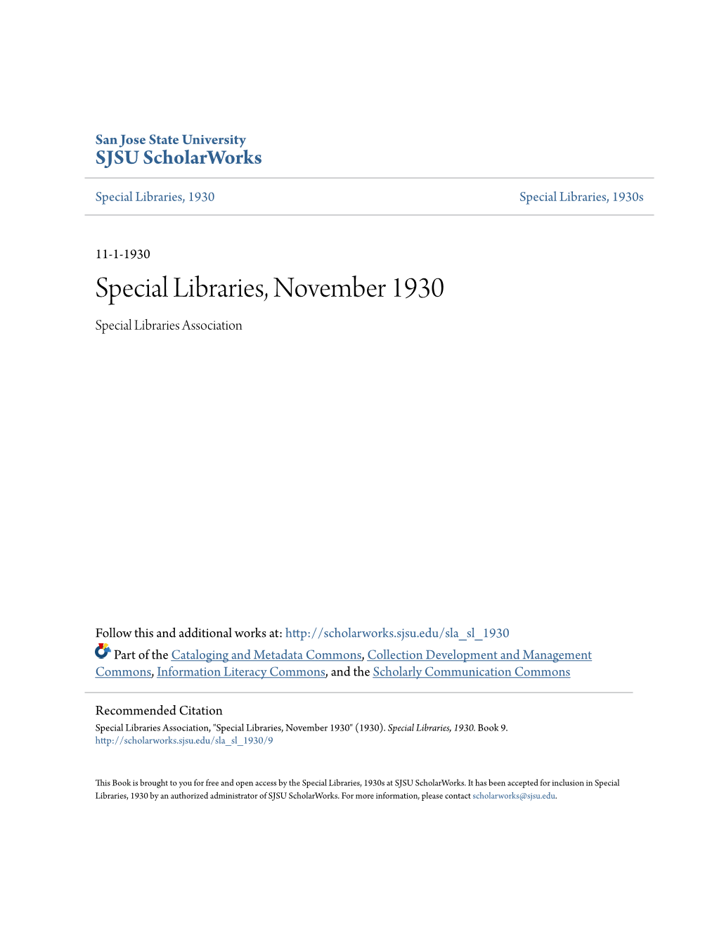 Special Libraries, November 1930 Special Libraries Association