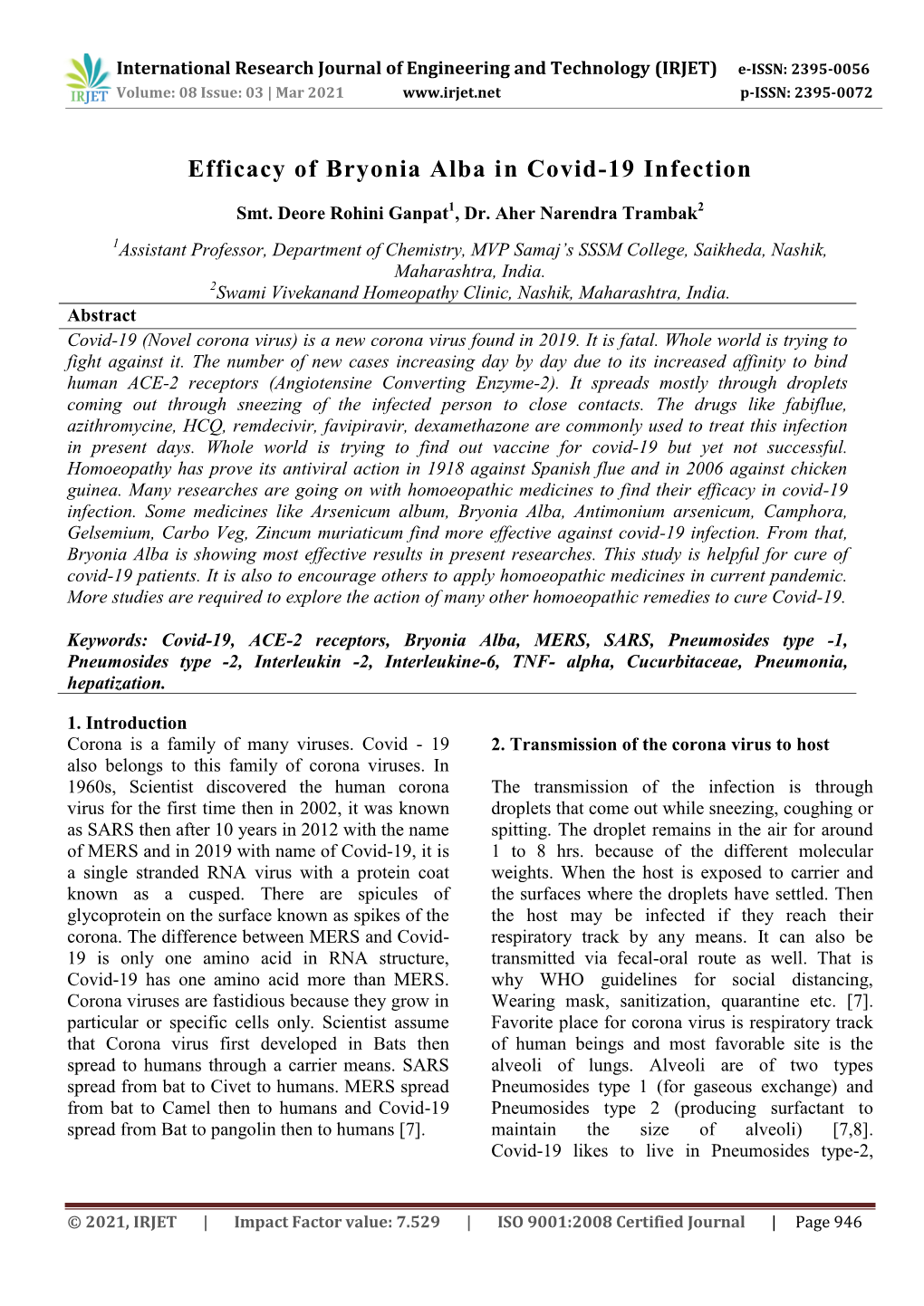 Efficacy of Bryonia Alba in Covid-19 Infection