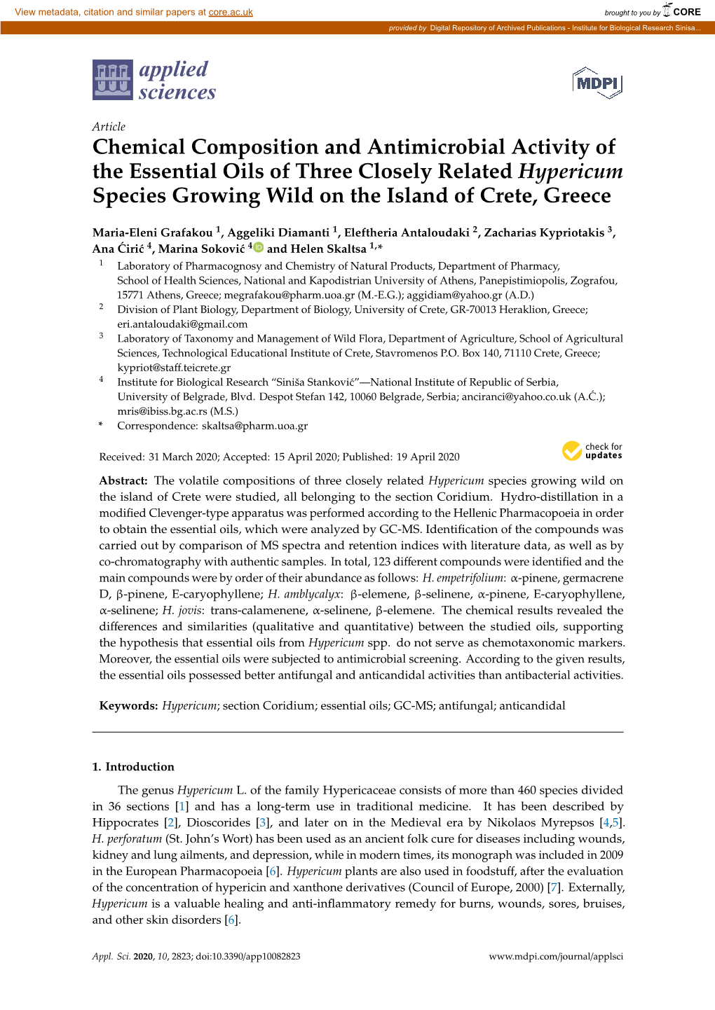 Chemical Composition and Antimicrobial Activity of the Essential Oils of Three Closely Related Hypericum Species Growing Wild on the Island of Crete, Greece