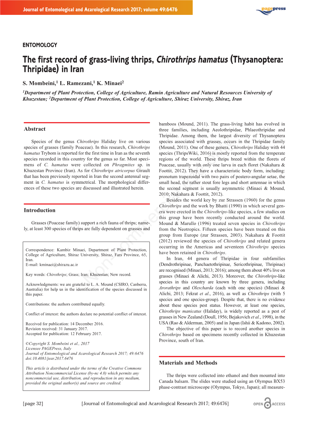 The First Record of Grass-Living Thrips, Chirothrips Hamatus (Thysanoptera: Thripidae) in Iran