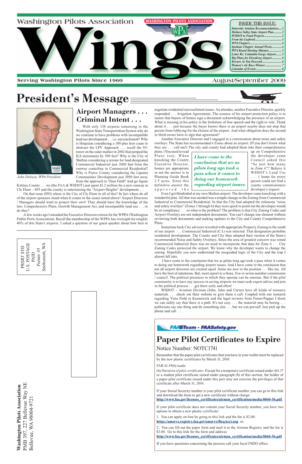 August/September 2009 President’S Message Negotiate Residential Encroachment Issues
